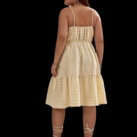 Cami Dress 3XL Belted Knee Length Yellow Plaid Spaghetti Strap Flounce Hem - Picture 3 of 7